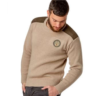 Pull col rond chasse homme jersey 30% laine beige XL Bartavel P60 patch lièvre